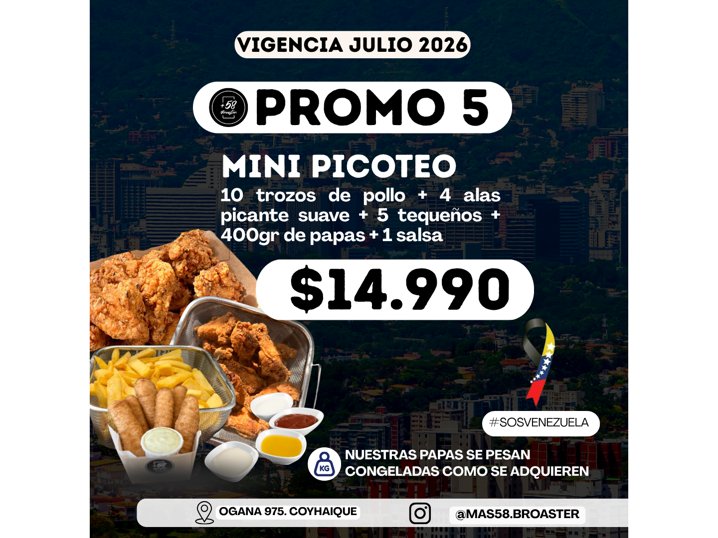 PROMO 5: 10 TROZOS POLLO+4 ALITAS+400GRS PAPAS FRITAS+5 TEQUEÑOS+1 SALSA