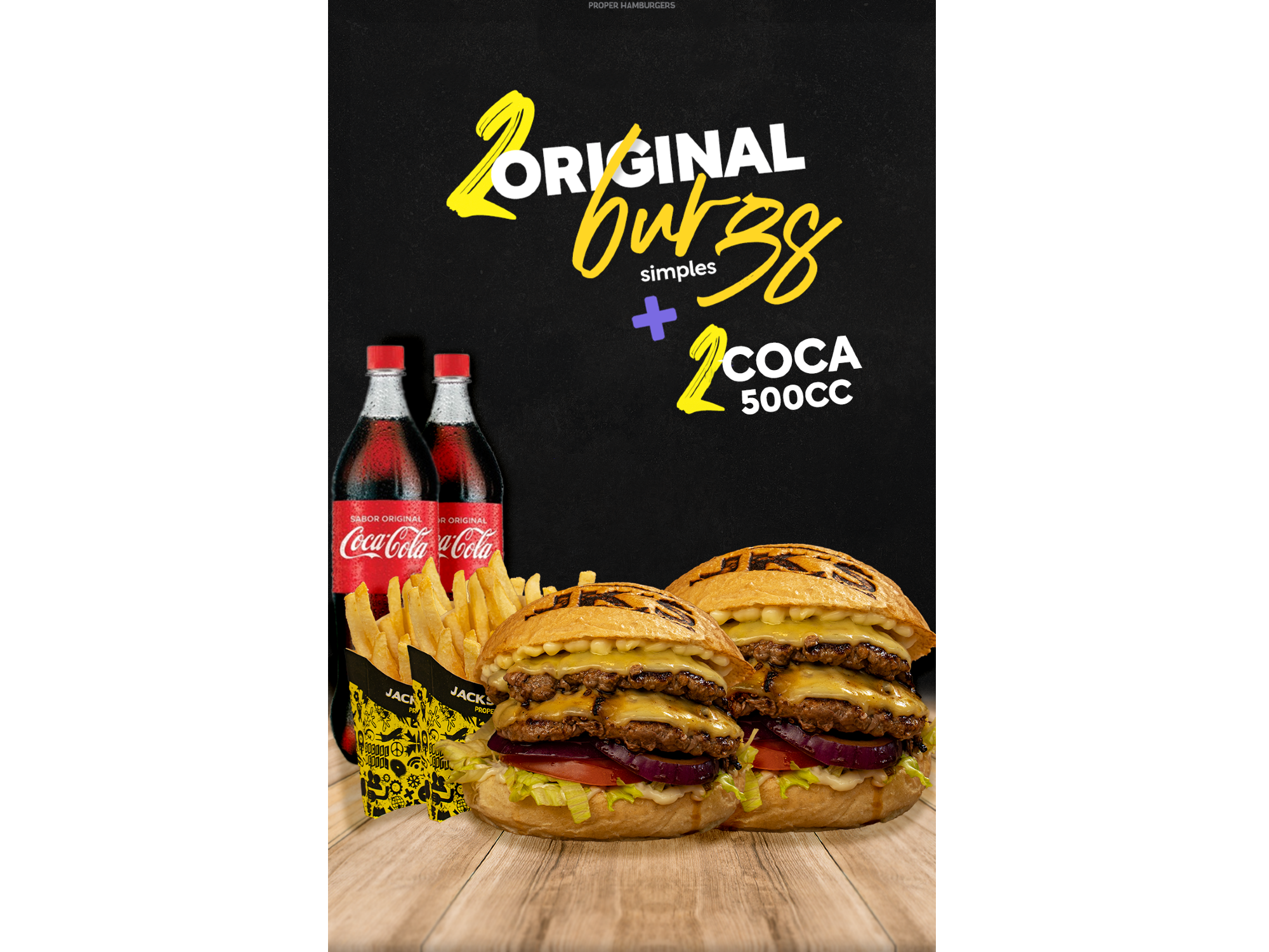 2 ORIGINAL BURGS SIMPLE + 2 PAPAS + COCA COLA 500 ML