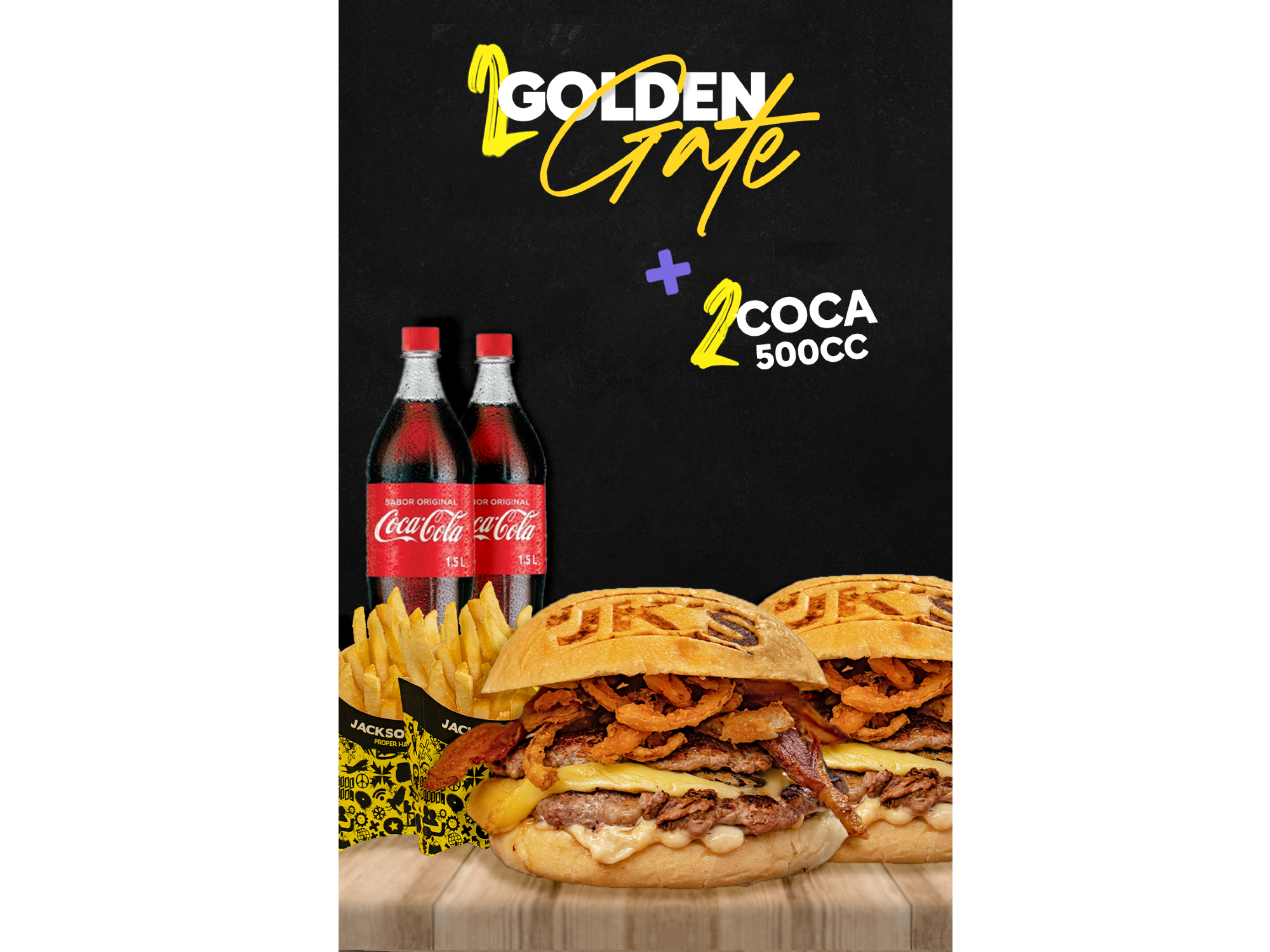 2 GOLDEN GATE + 2 PAPAS + 2 COCA COLA 500 ML