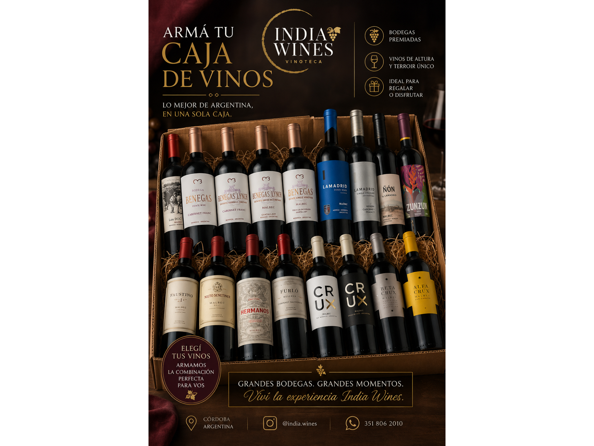Malbec, Cabernet Franc, Cabernet Sauvignon, Syrah, Petit Verdot.