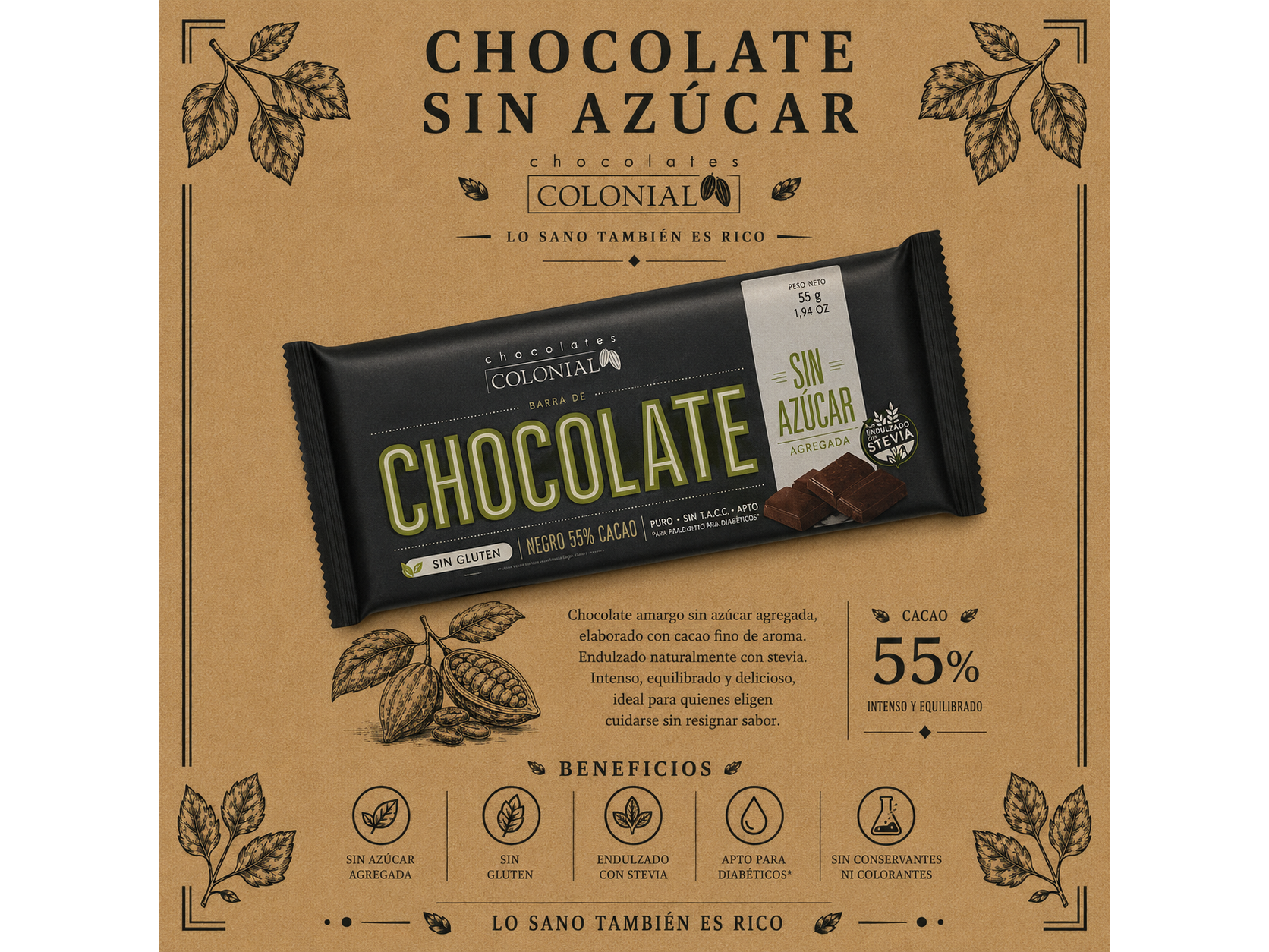 Chocolate Sin Azucar 55% Cacao