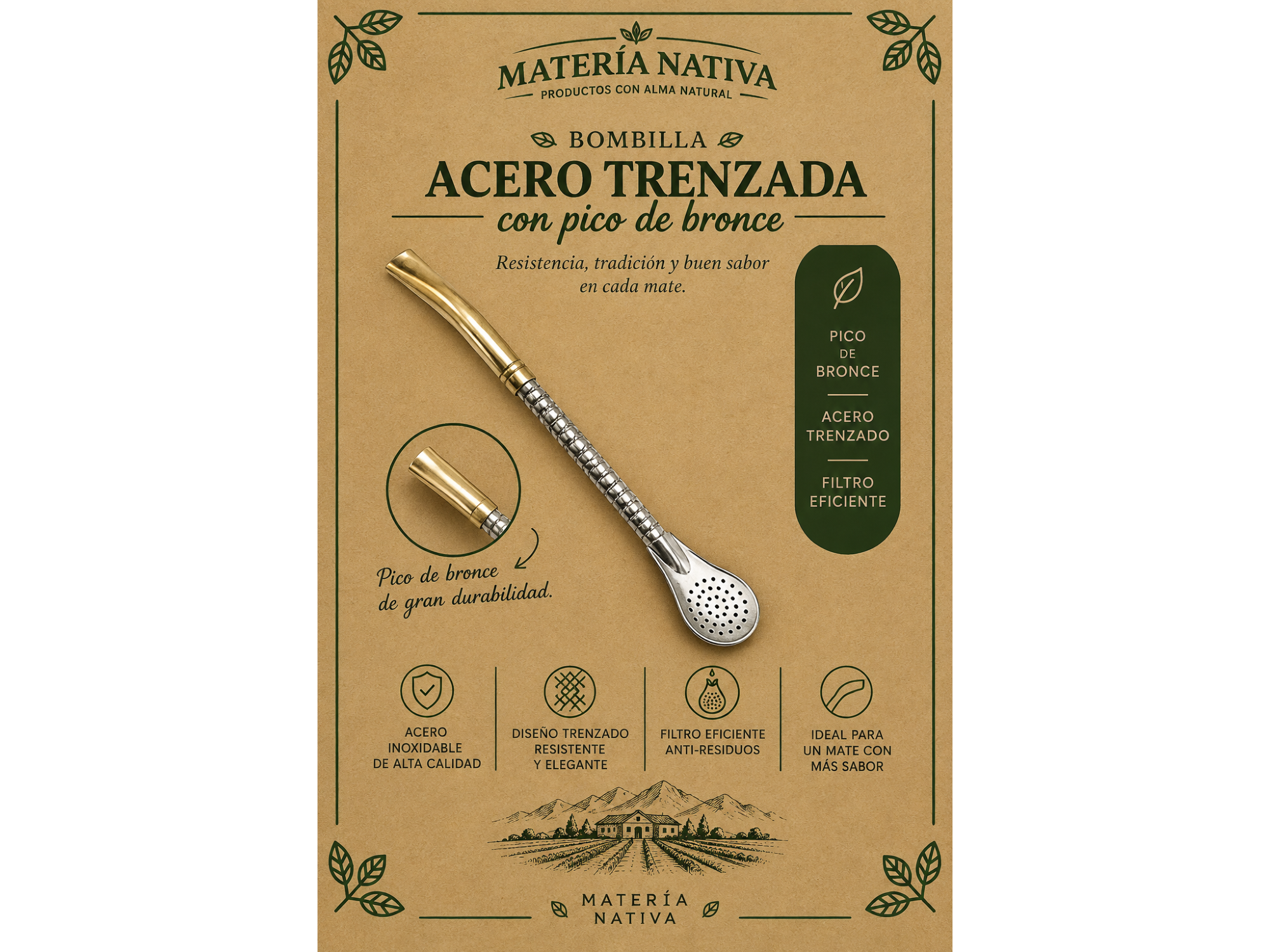 Bombilla acero trenzada pico de bronce