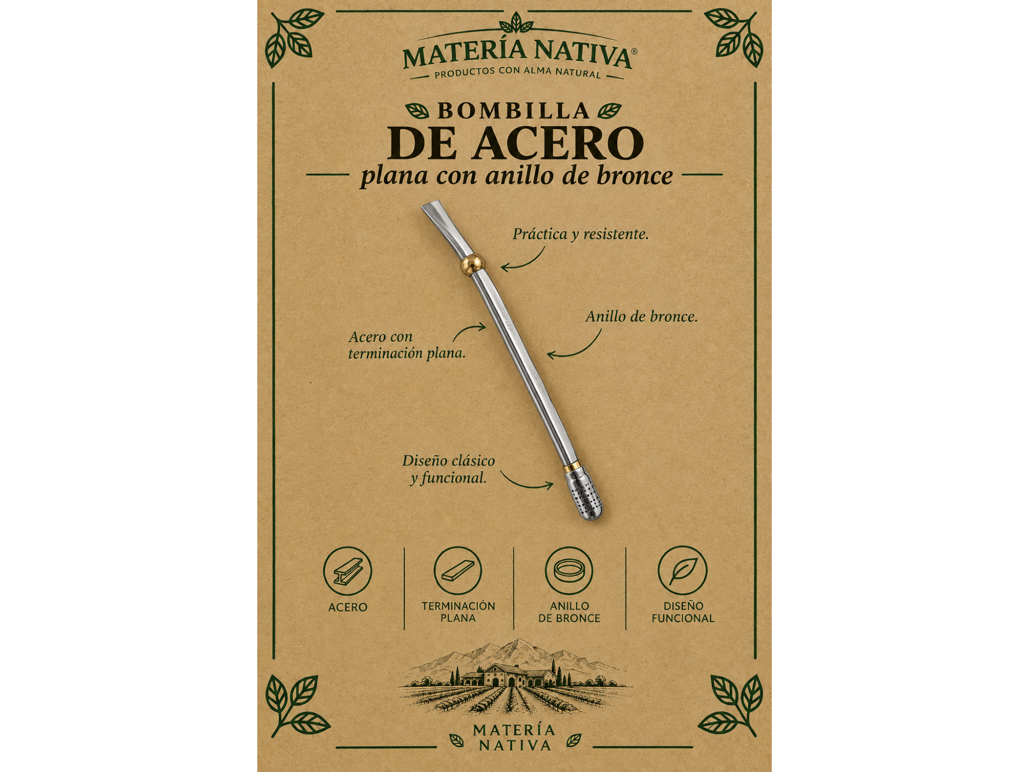 Bombilla acero plana anillo de bronce