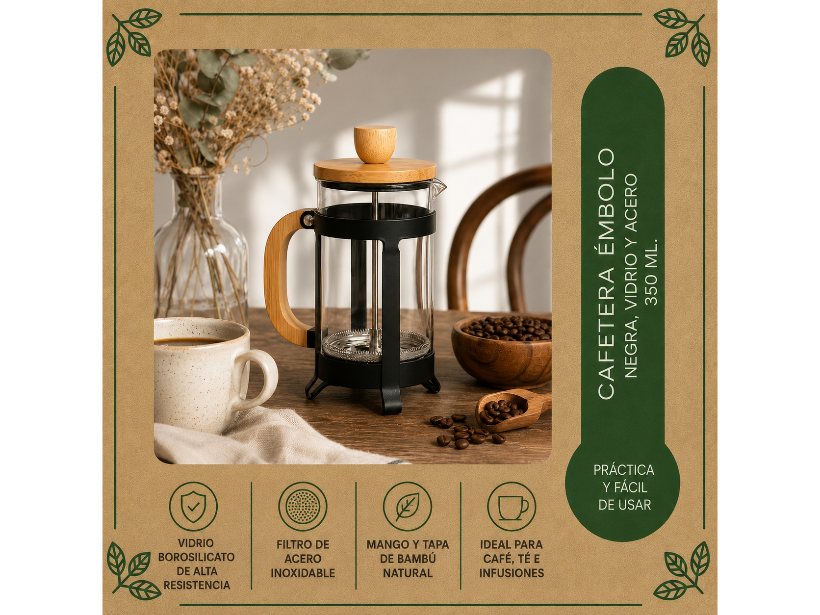 Cafetera Francesa Embolo Vidrio y Acero