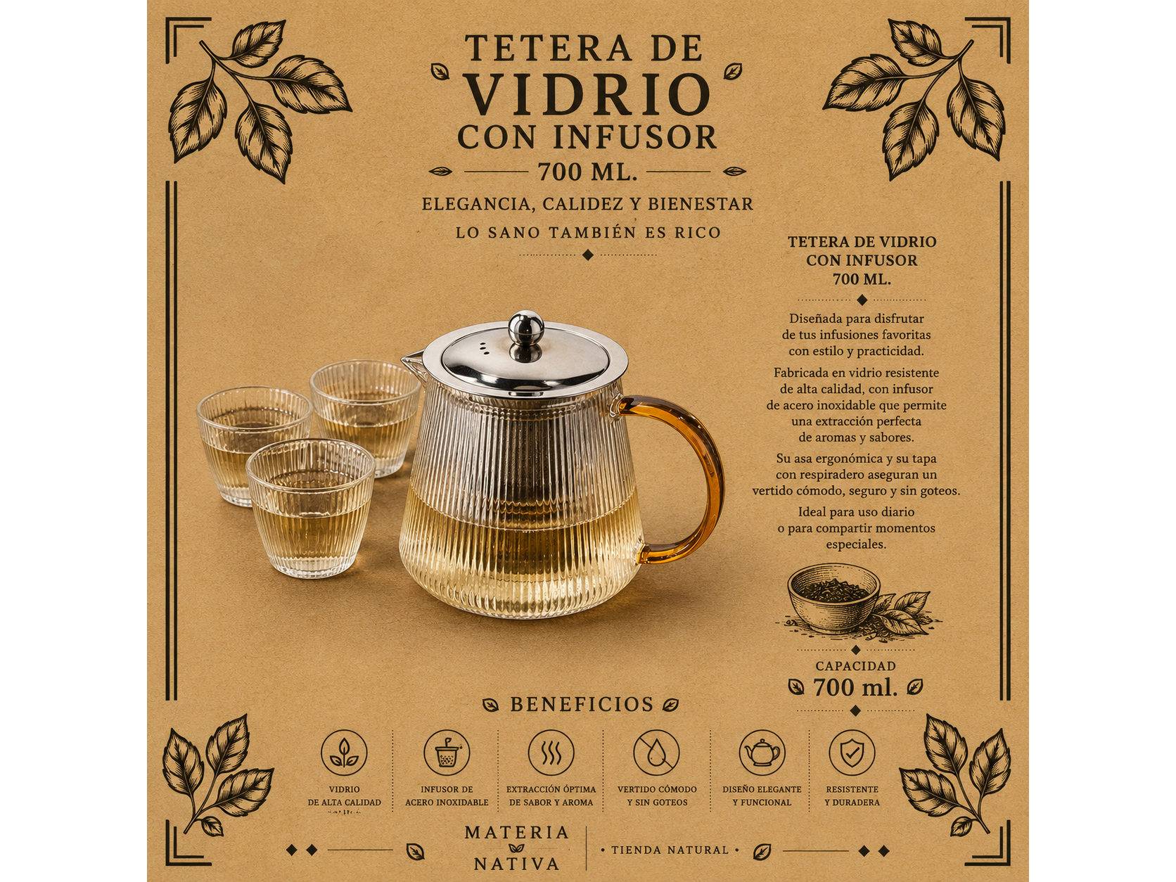 Tetera de Vidrio con Infusor 700 ml.