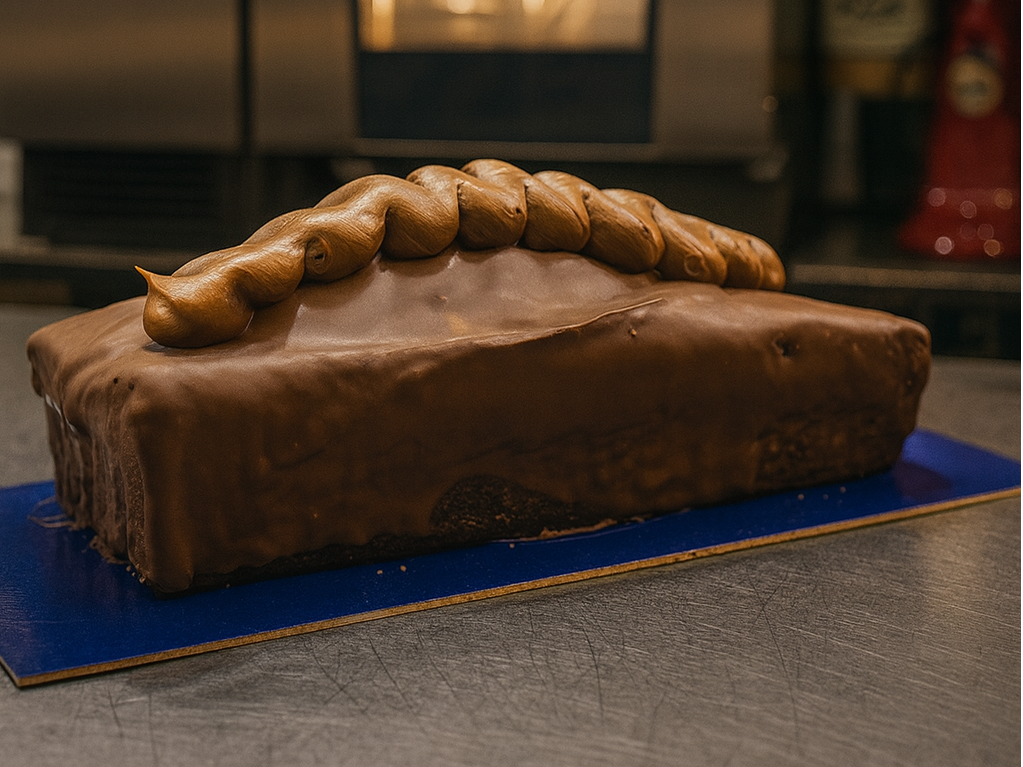 Budín Grande cubierto con Chocolate, relleno con Dulce de Leche