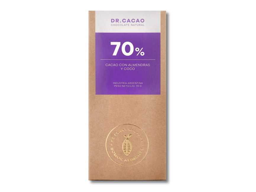 70% Cacao con Azúcar Orgánico, Almendras y Coco (50g)