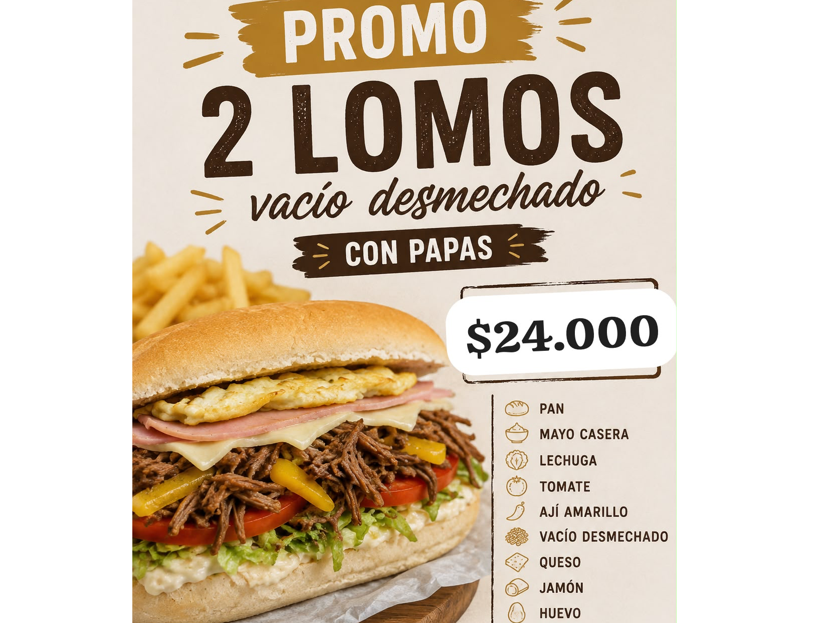 2 LOMOS Vacio desmechado + Papas