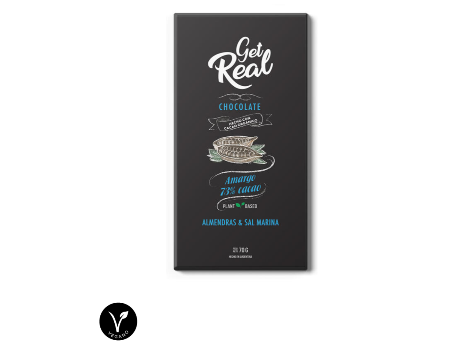 Chocolate Amargo al 73% Cacao con almendras y sal marina - GET REAL