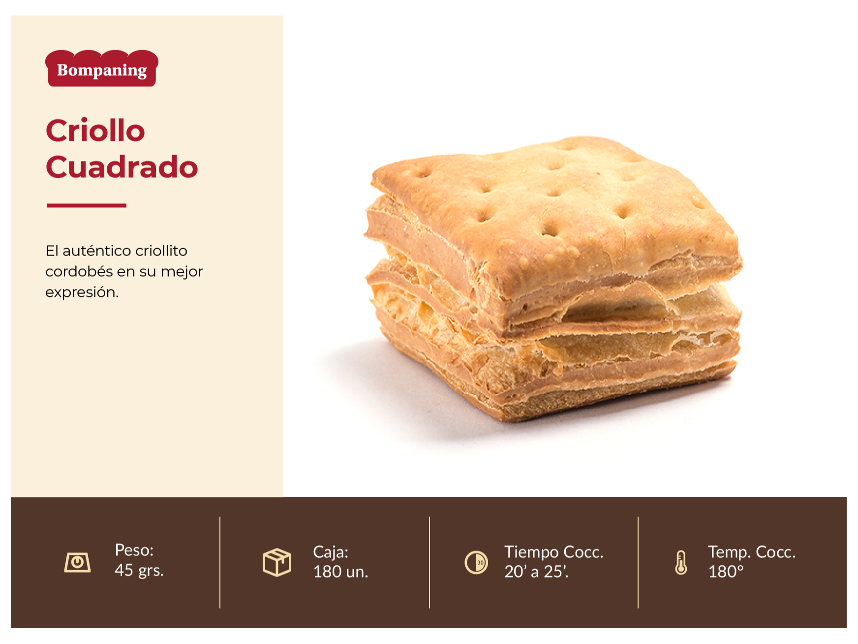 Criollo de hojaldre cuadrado 45g x180 Bompaning