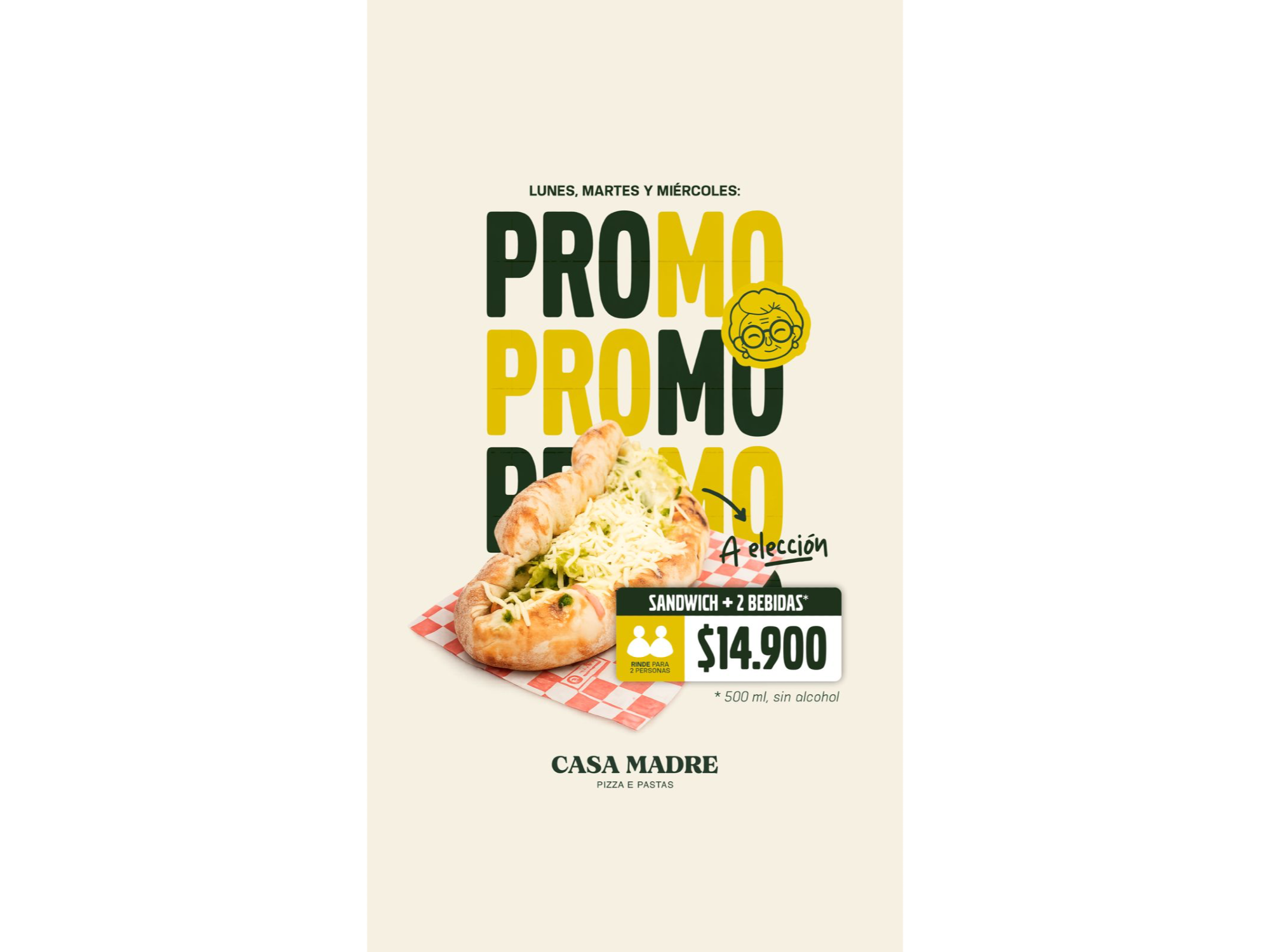 SANDWICH + 2 BEBIDAS SIN ALCOHOL. 500ML