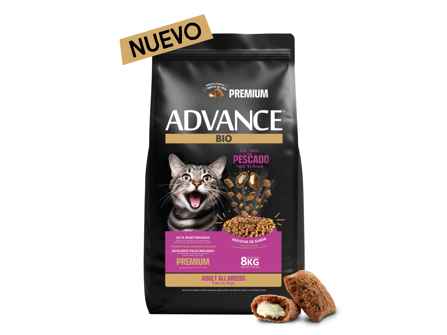 ADVANCE BIO - GATO ADULTO ALL BREEDS CON ALMOHADITAS RELLENAS 8 KG