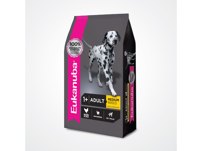 2 BOLSAS Eukanuba perro adulto razas medianas 15 KG + TACHO CONTENDOR 15 KG DE REGALO