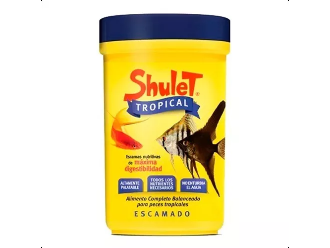 Alimento en escamas para peces de agua tropical Shulet