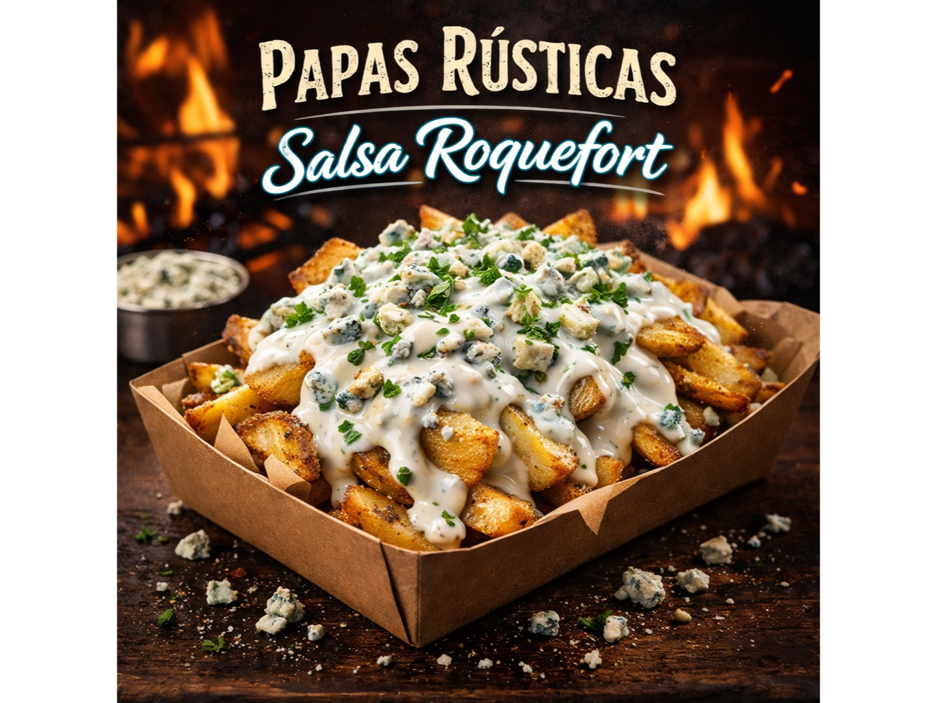Papas rusticas con salsa roquefort