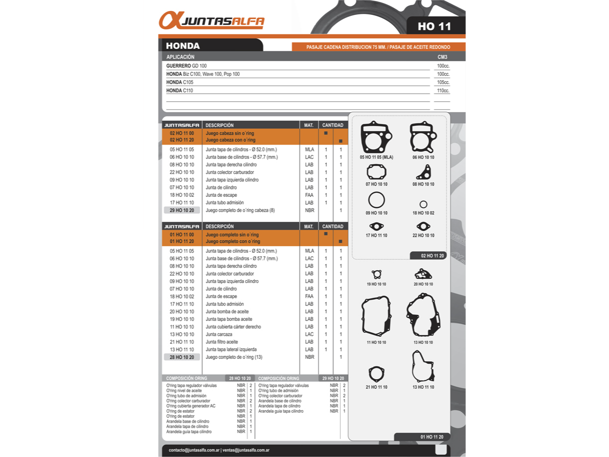 JUNTA C/CILINDRO HONDA C 105 BIZ / WAVE / POP ALFA 02HO1120