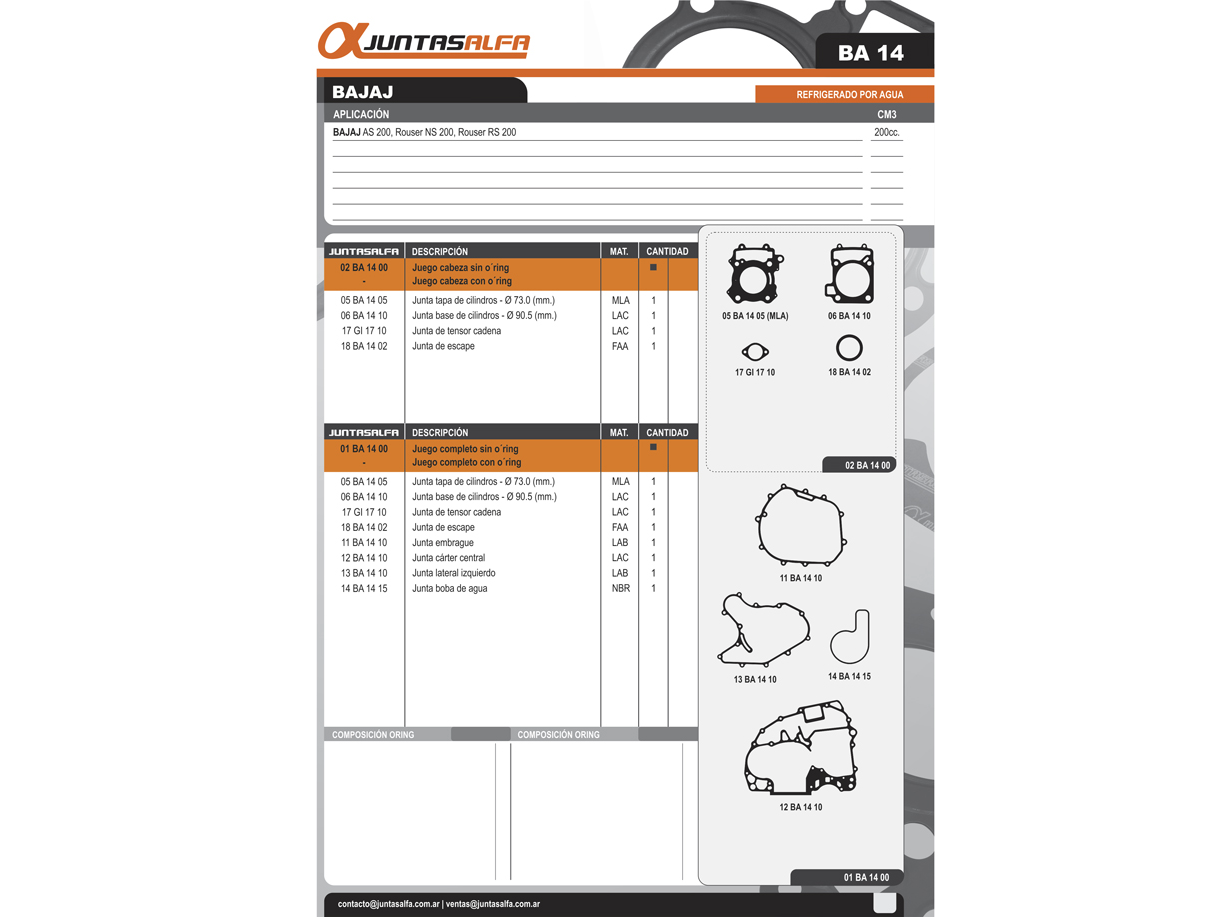 JUNTA JUEGO COMPLETO BAJAJ ROUSER 200 ALFA 01BA1400