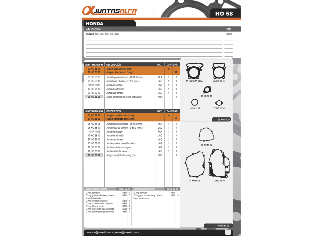 JUNTA JUEGO COMPLETO HONDA XR 300 E C/ORING ALFA 01HO5820