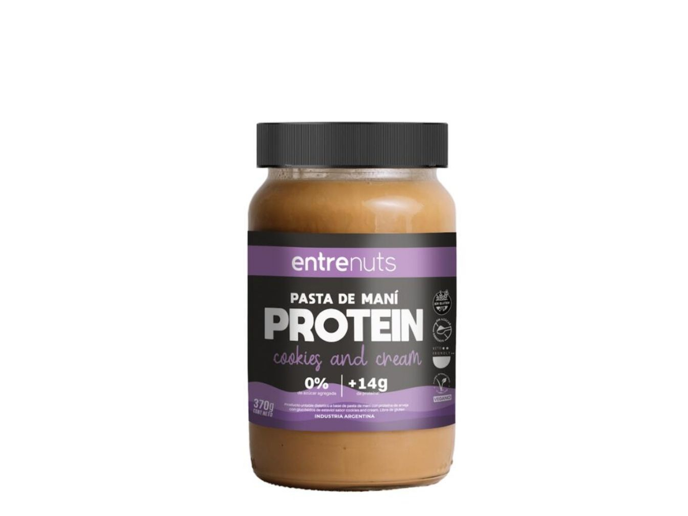 Pasta de mani Protein. Cookies anda Cream. Sin azucar agregada. 370grs Entrenuts. Sin gluten. Vegano