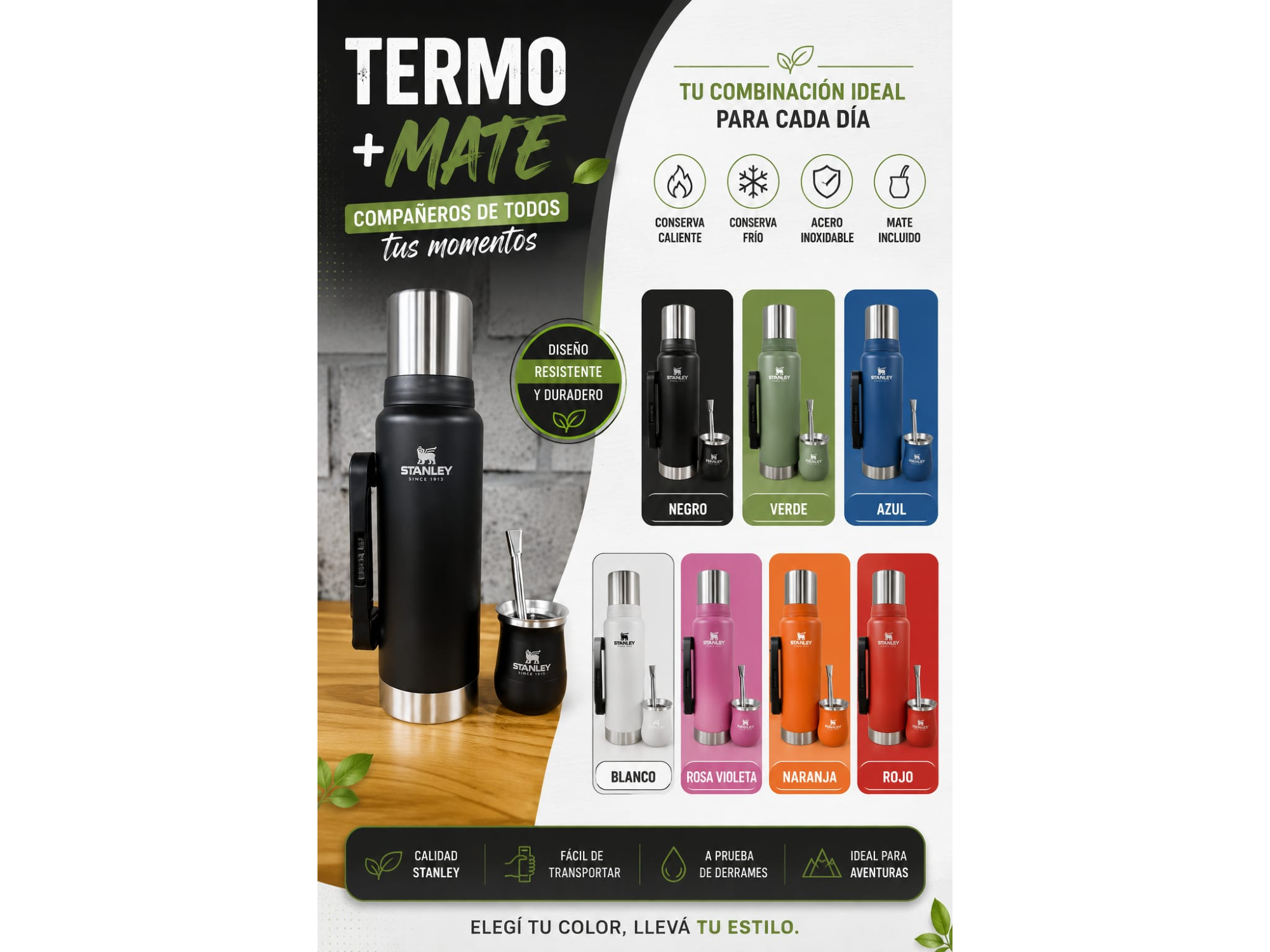 🧉🧉🧉 TERMO TAPA ACERO 1.2 LITRO + MATE 160ml (SIMIL STANLEY CON GRABADO) VARIOS COLORES  🧉🧉🧉