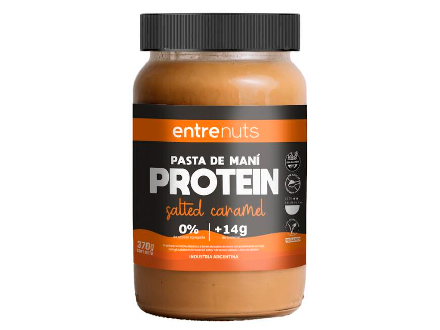 Pasta de maní Protein. Salted caramel. Sin azúcar agregada. 370 Grs. Entre nuts. Sin Gluten. Vegano