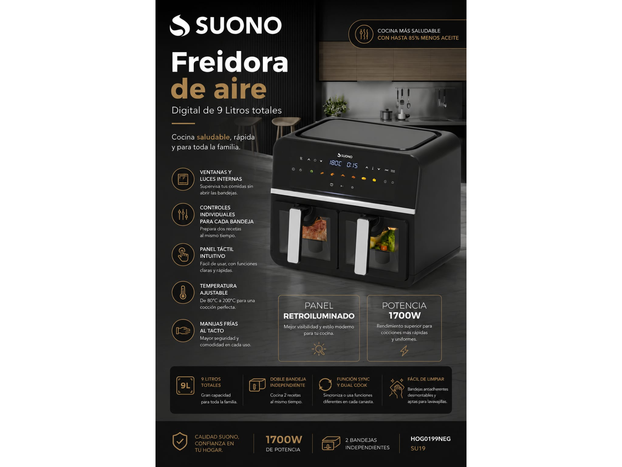 FREIDORA DE AIRE DIGITAL 9L SUONO MODELO HOG0199NEG