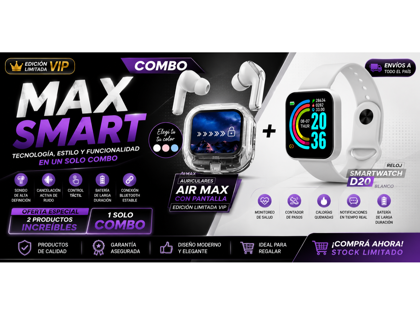 Combo Auriculares Air Max con Pantalla (blanco/rosa o celeste) + Smartwatch D20 | Tecnología Edición Limitada (blanco)