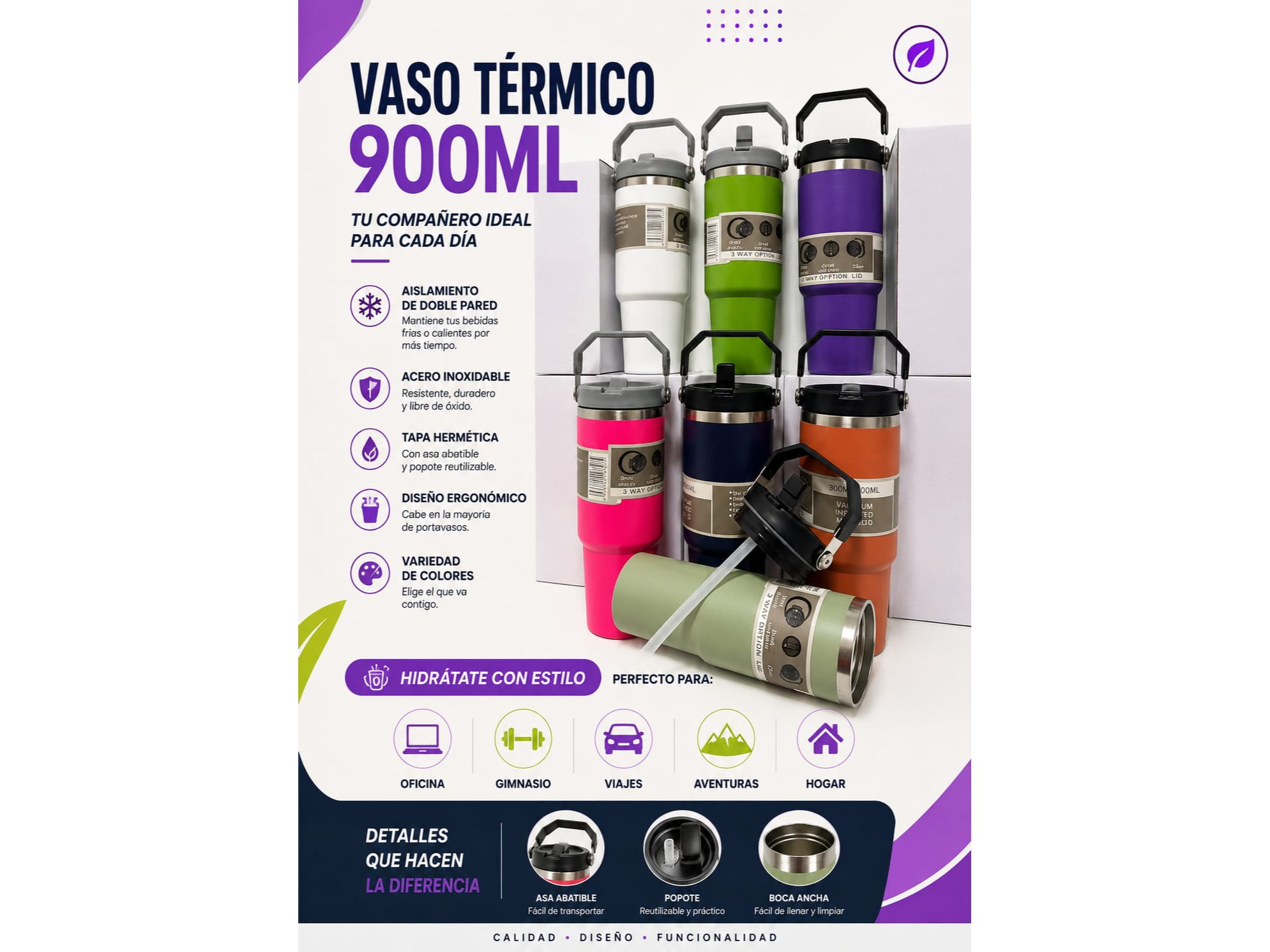 🏃🏽‍♀️💧🏃🏽 VASO TERMICO TIPO (HOPPY"STANLEY") VARIOS COLORES 900ML 💧💧