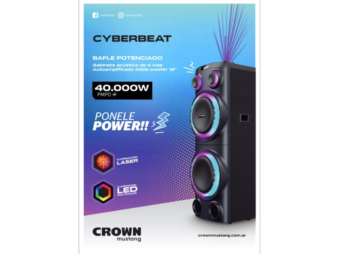 PARLANTE CYBERBEAT BAFLE POTENCIADO DOBLE WOOFER 12" BT LED/LASER CROWN MUSTANG 🔊🔈🔊