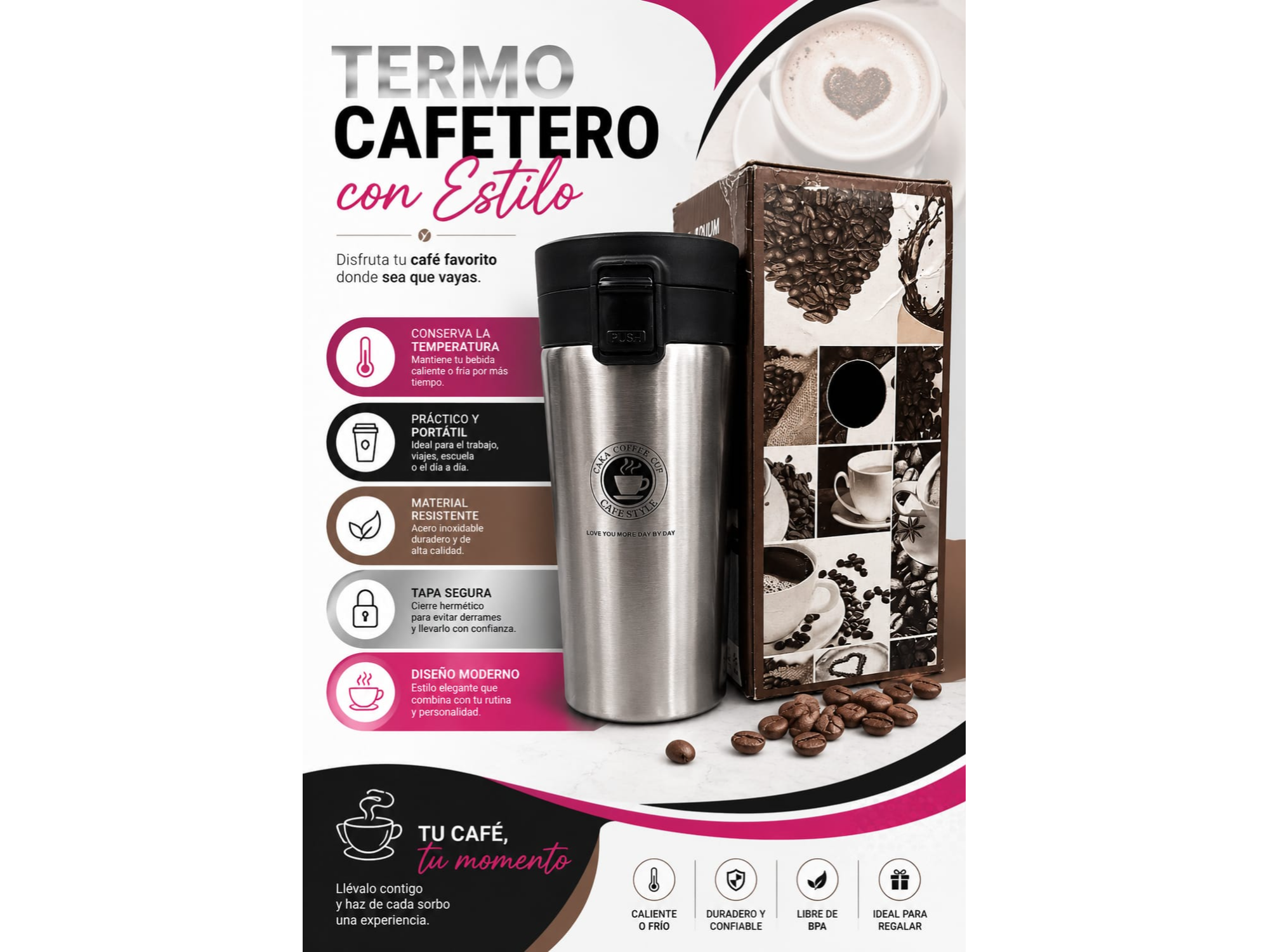 ☕ VASO CAFETERO TERMICO CON ESTILO 500 ML VARIOS COLORES ☕
