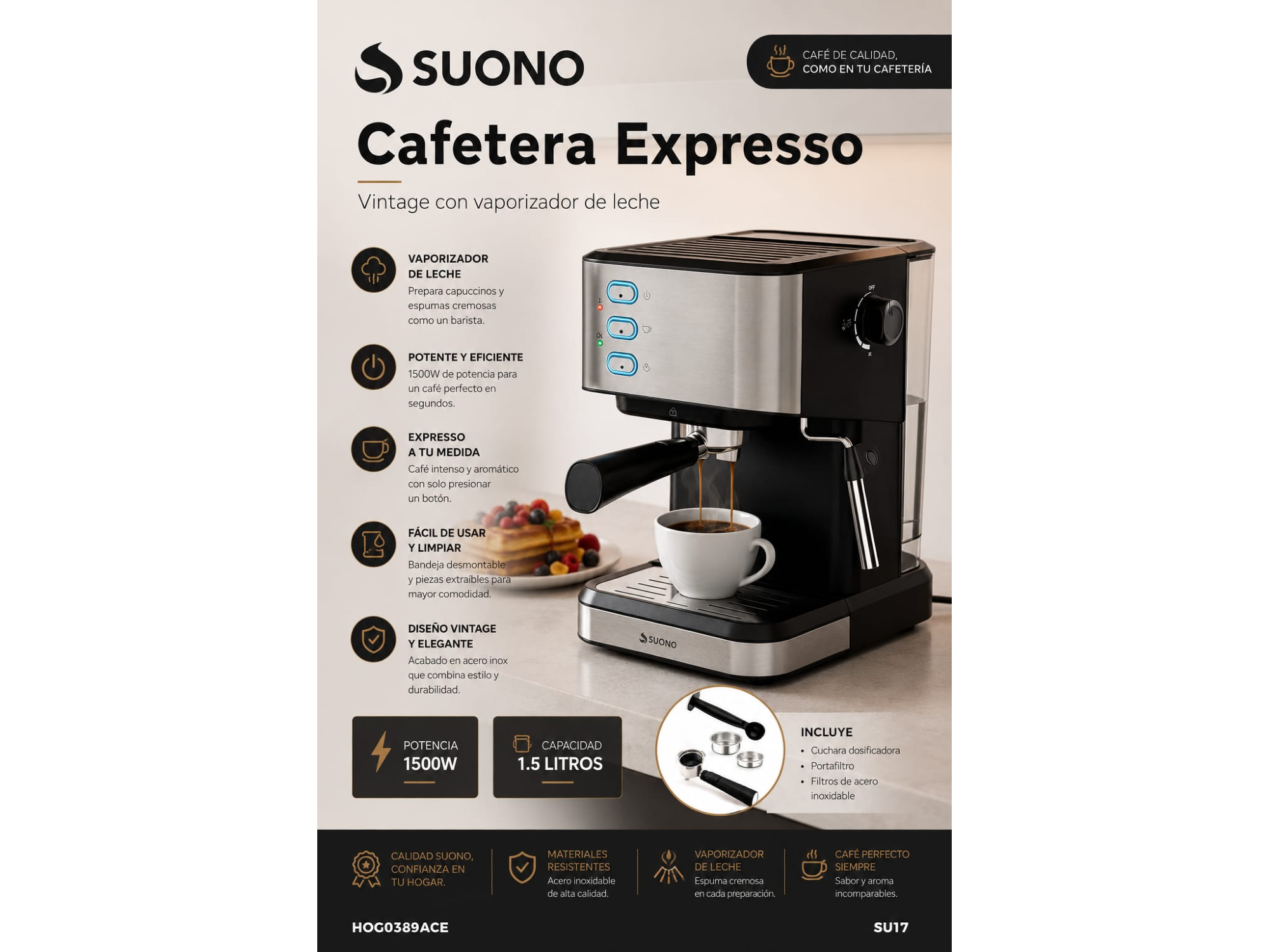 CAFETERA ELECTRICA EXPRESSO SUONO 20 BAR CON VAPORIZADOR MODELO HOG0389ACE