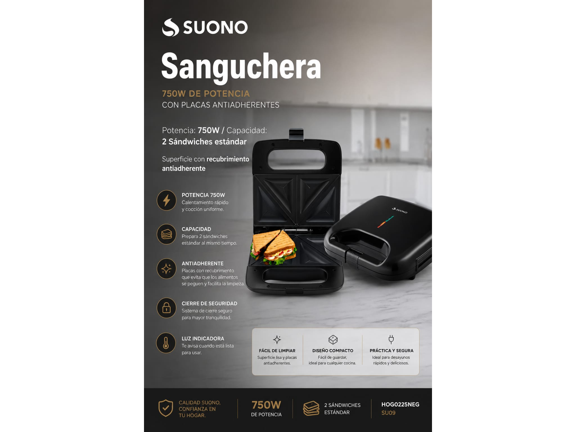 SANDWICHERA SUONO 750 W MODELO HOG0225NEG