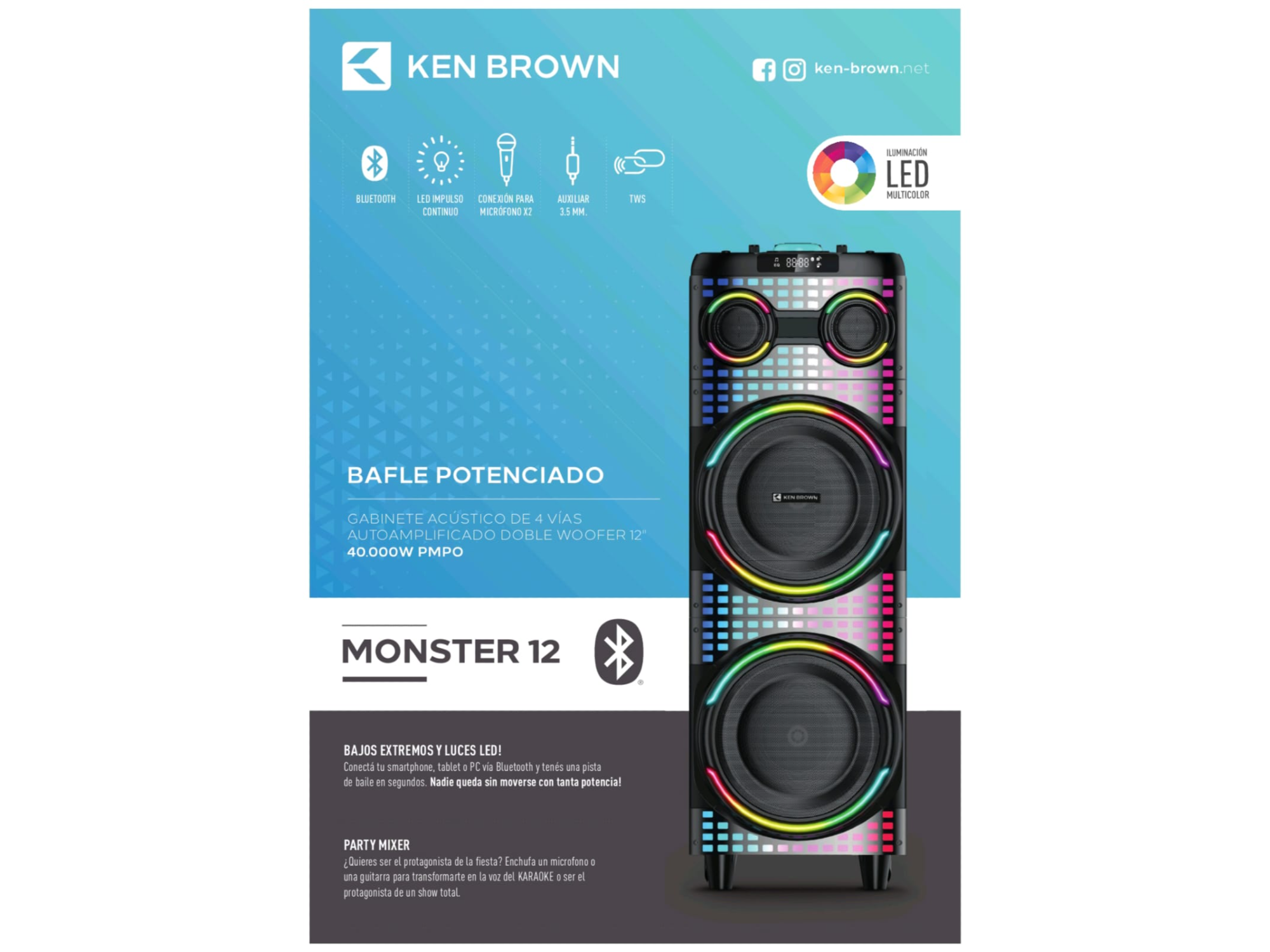 PARLANTE MONSTER 12 KEN BROWN BAFLE POTENCIADO DOBLE SUBWOOFER 12" BT LED