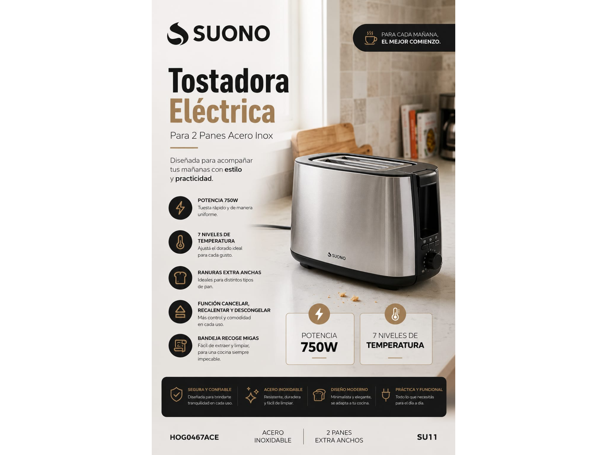 TOSTADORA ELÉCTRICA  SUONO INOXIDABLE MODELO HOG0467ACE