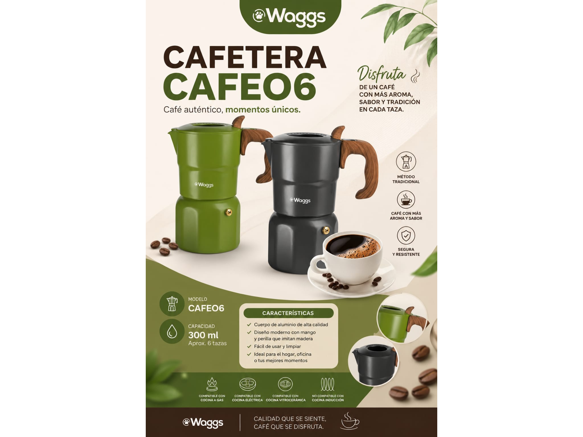 Cafetera Italiana 300ml WAGGS CAFE06 ☕🏡
