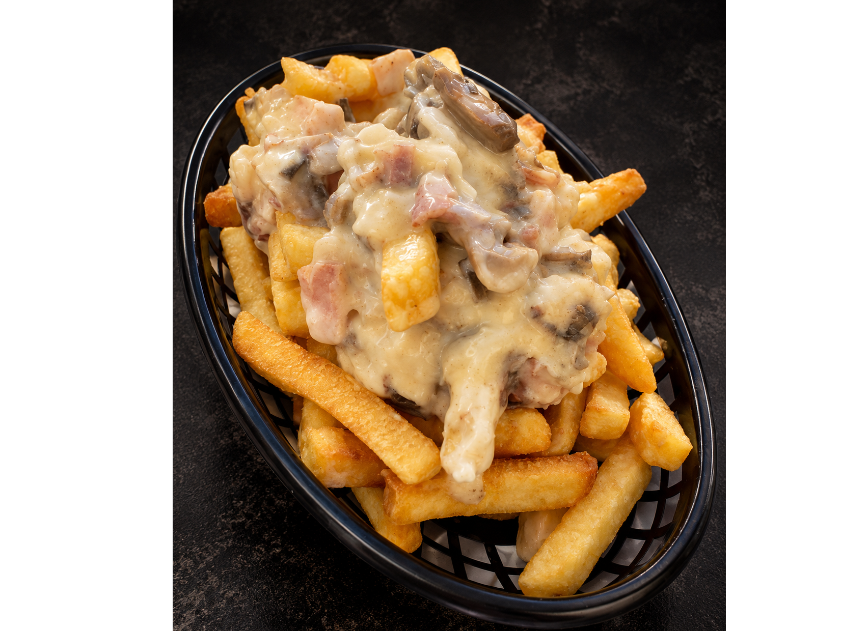 Papas en salsa blanca con champiñónes y Tocineta INDIVIDUAL