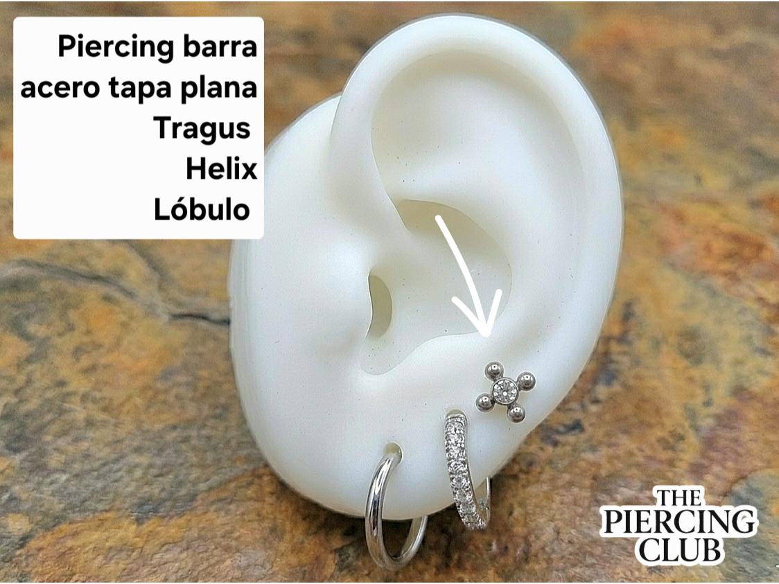 Piercing barra acero tapa plana , para Tragus, Helix, Lóbulo  plateado