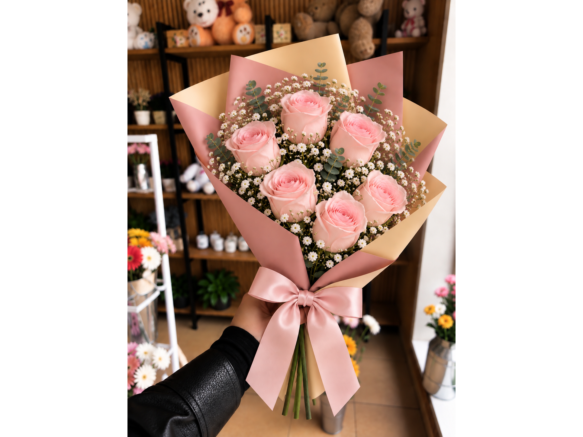 Ramo 6 rosas rosadas 🌷