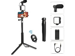 KIT STREAMING MICROFONO SOPORTE DE MANO Y TRÍPODE