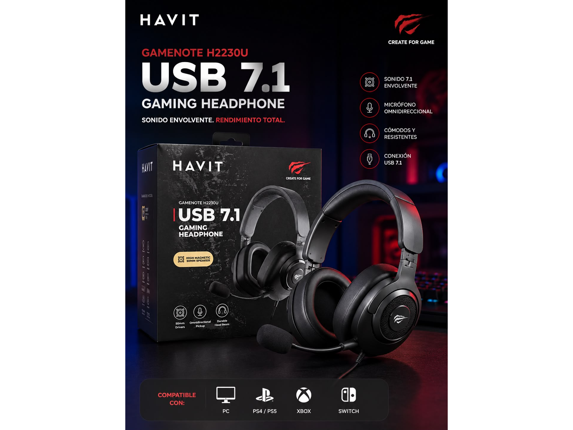 Auriculares Gamer HAVIT Gamenote H2230U USB 7.1