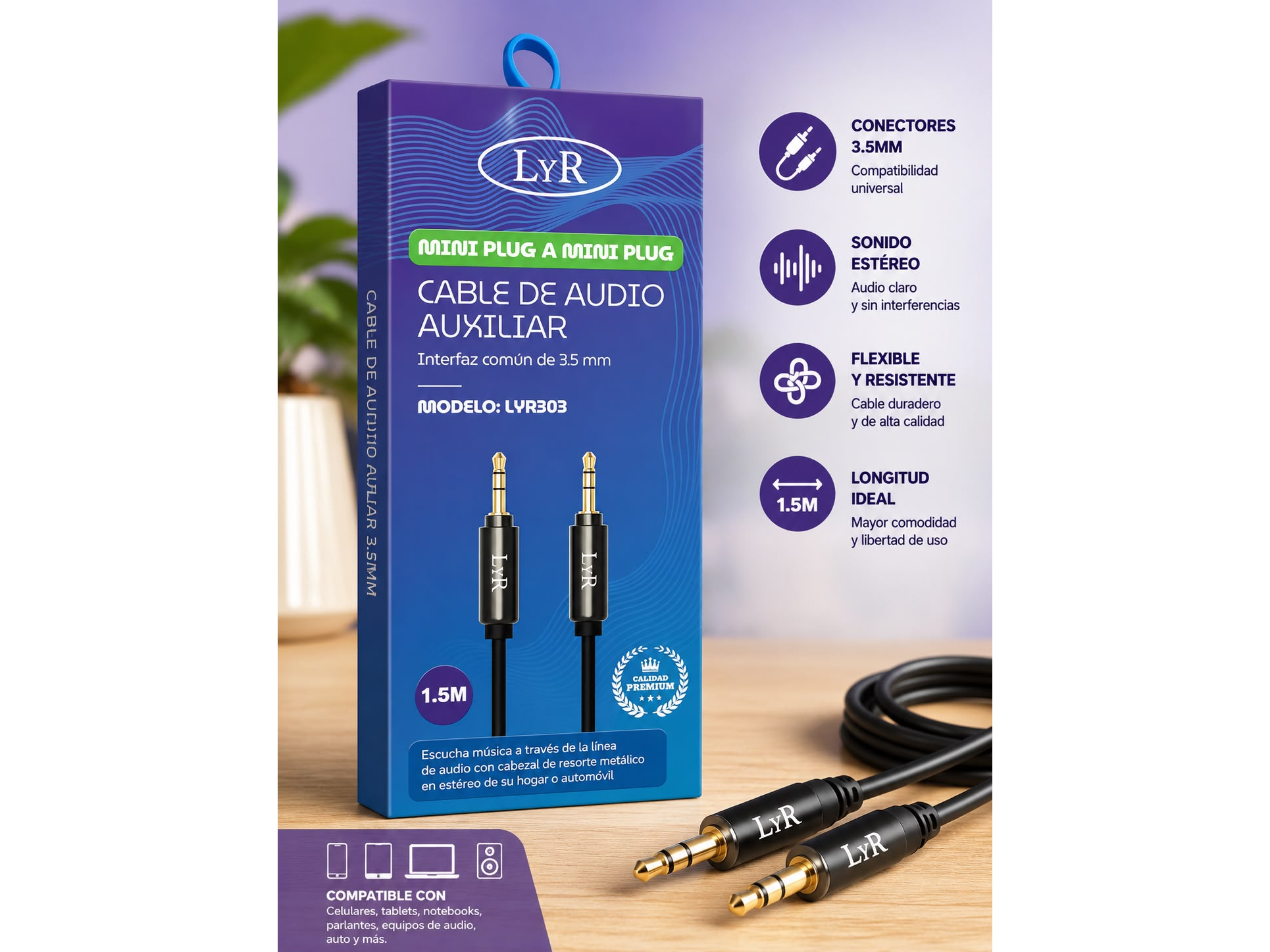 Cable de Audio Auxiliar Mini Plug 3.5 mm LyR – 1.5 m