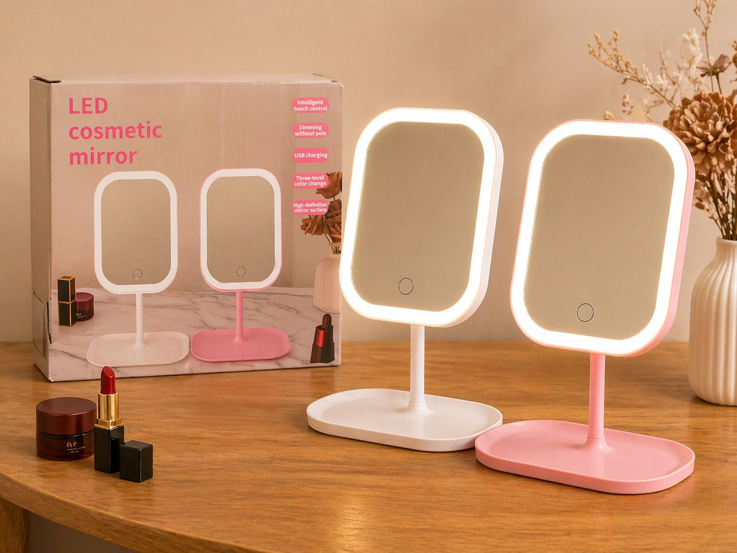 ESPEJO LUZ LED CUADRADO MAKEUP MIRROR, TACTIL CON 3 MODOS DE COLOR