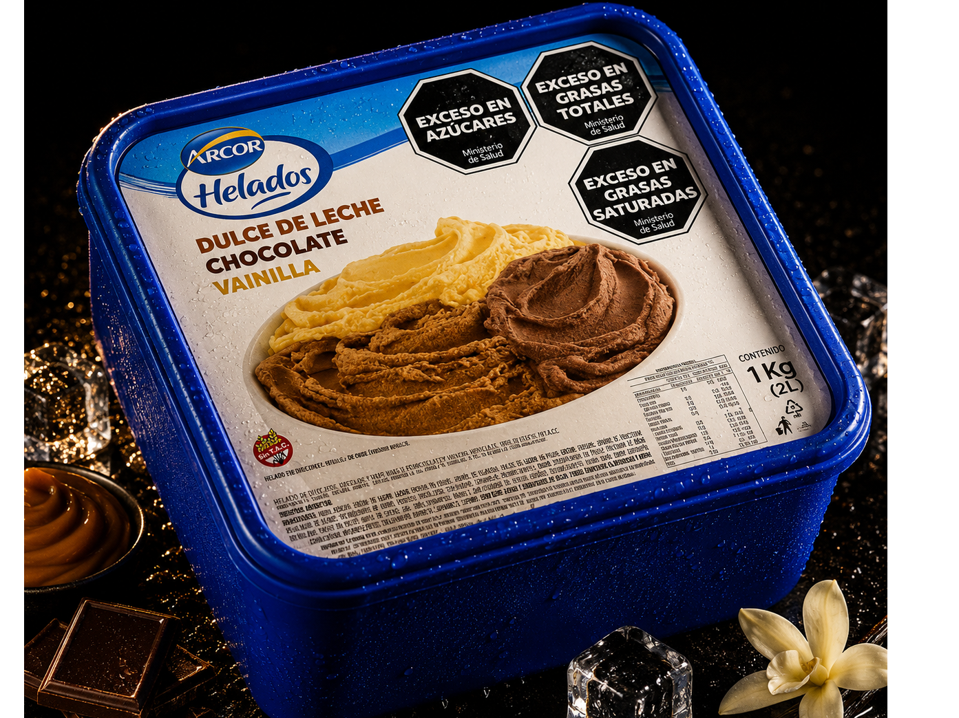 Balde Helado Tres Cremas sabores Dulce de Leche, Chocolate y Vainilla