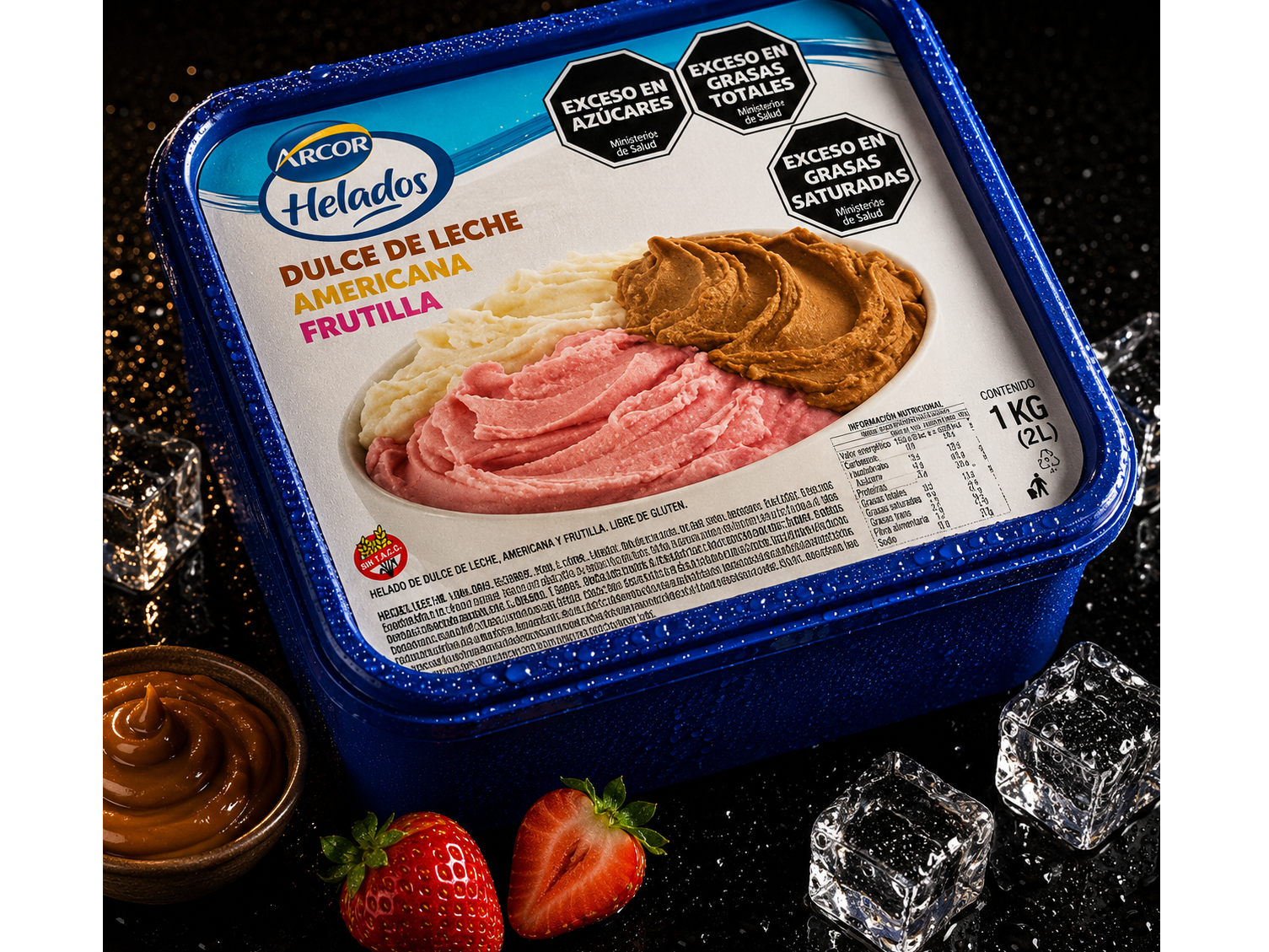Balde Helado Tres Cremas sabores Dulce de Leche, Americana y Frutilla