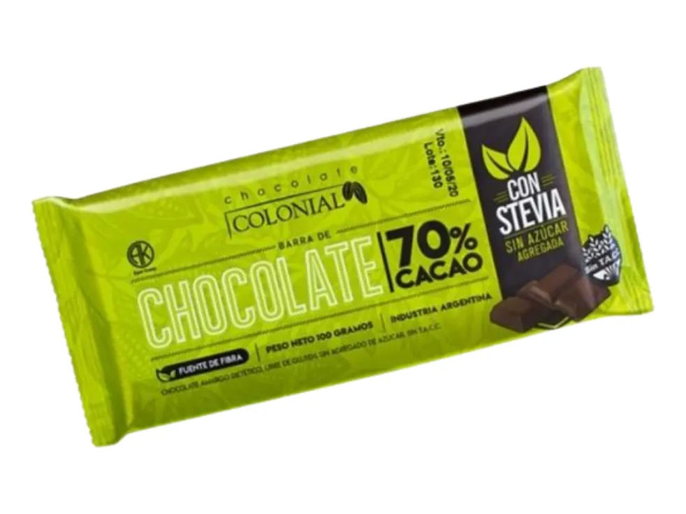 Chocolate amargo 70% cacao con stevia 100 gr COLONIAL