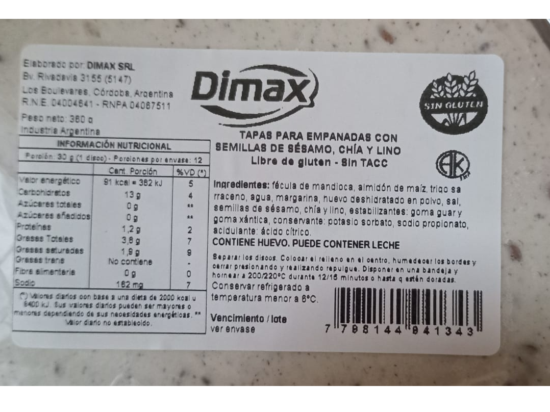 Tapas de empanadas con semilla de chia, sesamo y lino 360 gr DIMAX