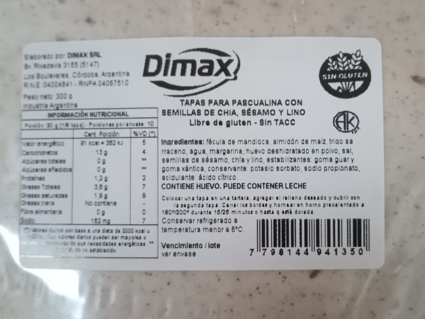 Tapas para pascualina con semilla de chia, sesamo y lino 300 gr DIMAX
