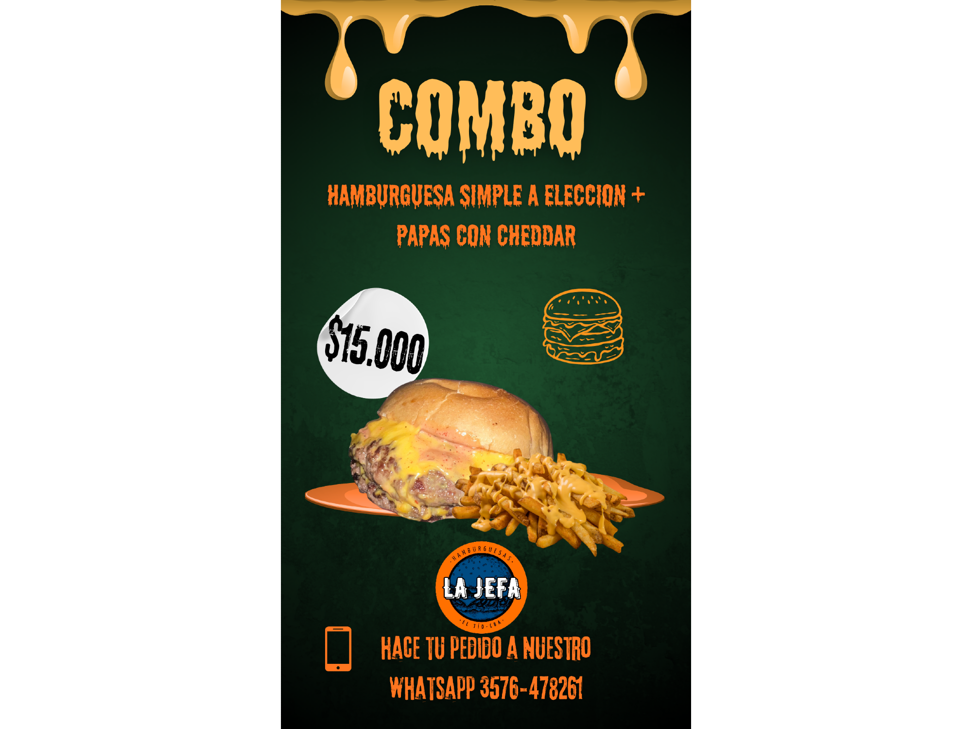 HAMBURGUESA SIMPLE A ELECCION + PAPAS CON CHEDDAR