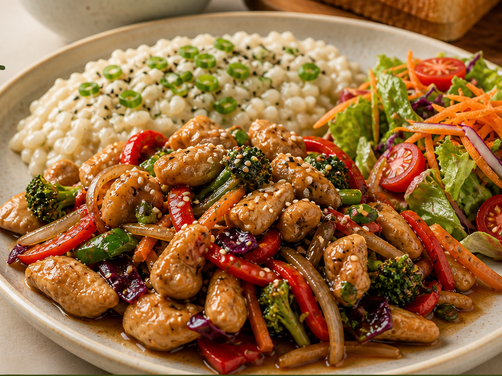 POLLO ORIENTAL CON VEGETALES SALTEADOS + RISOTTO DE YAMANI Y ENSALADA + PAN