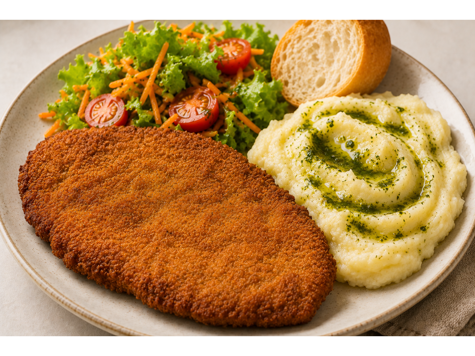 MILANESA DE PECETO CON PURE MIXTO+ENSALADA Y PAN